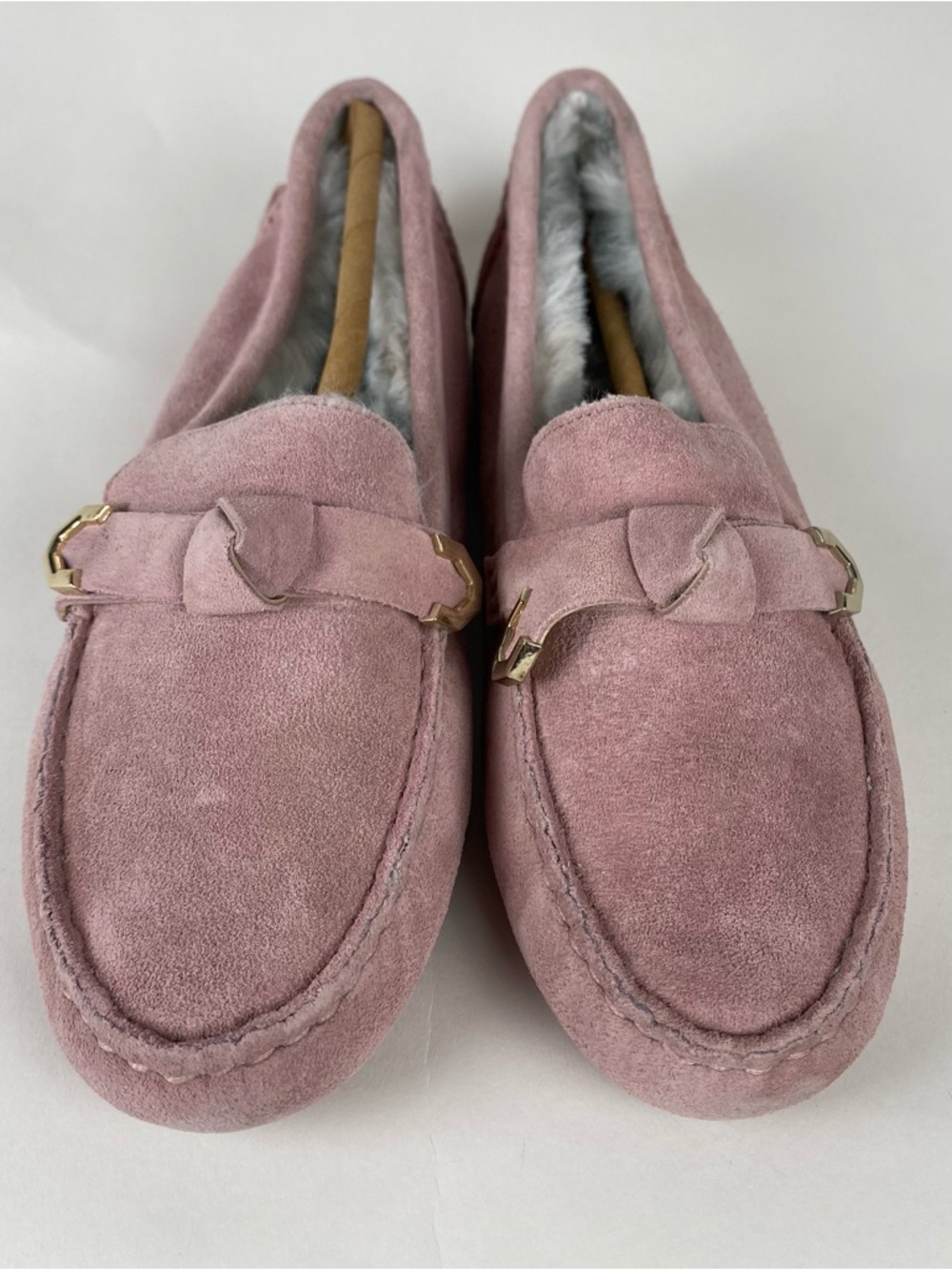 NWT Cole‎ Haan Women's Evelyn Bow Driver Loafers Faux Fur Trim - Pale Mauve sz 6